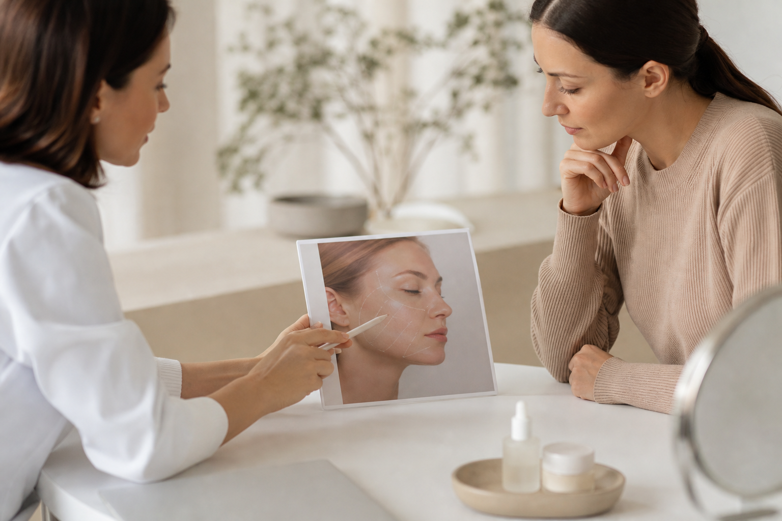 Consulta médico-estética elegante con enfoque natural en cuidado facial y valoración de la piel